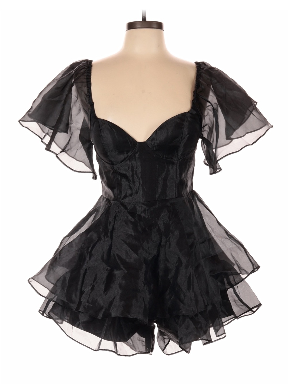 Black Sheer Organza Romper with Puff Sleeves